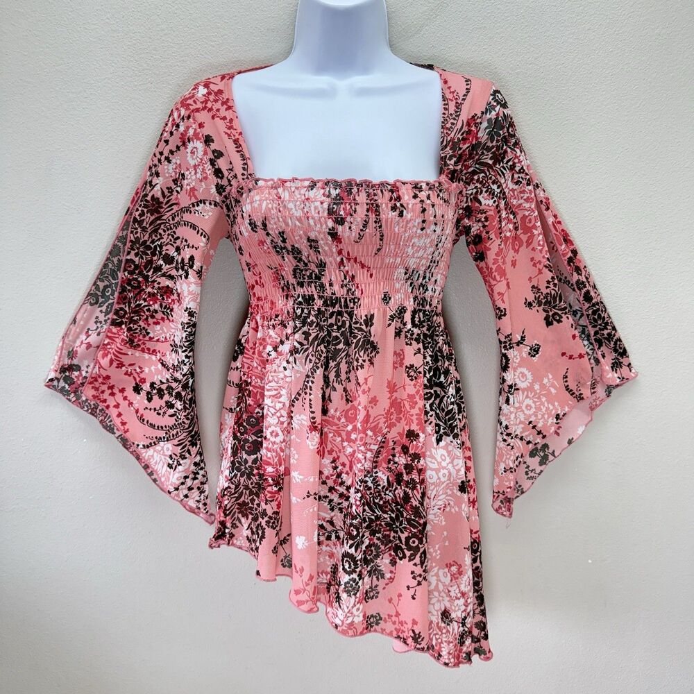 Vtg Y2K Fairy Top Size M Smocked Asymmetric Bell Sleeve Whimsi Ethereal Dainty